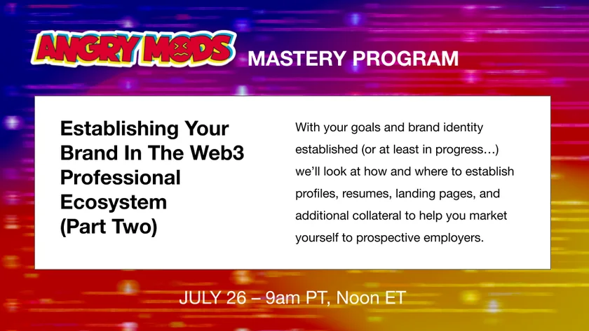 Session card: Establishing Your Brand In The Web3 Professional Ecosystem, Part Two, on profiles, resumes, landing pages and collateral to market yourself to employers