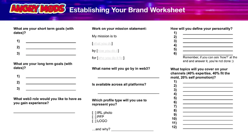 The Establishing Your Brand worksheet: short and long term goals, a mission statement fill-in, what name you will go by in web3, profile type, and the 40/40/20 split for what to post about