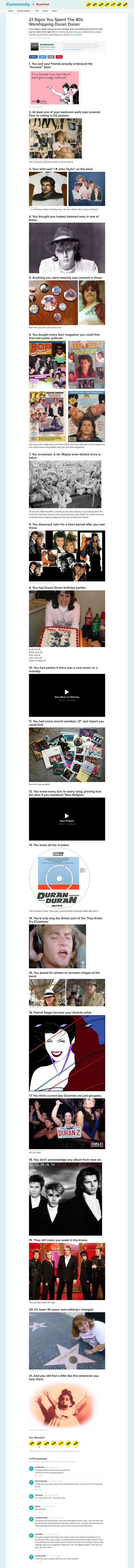 My 2013 BuzzFeed Community post, 21 Signs You Spent The 80s Worshipping Duran Duran, the full page from the headline down through all 21 items