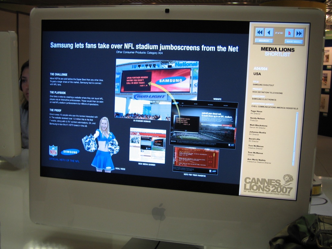Cannes Lions 2007 kiosk showing the Samsung NFL entry on the Media Lions shortlist with Ann Marie in the credits
