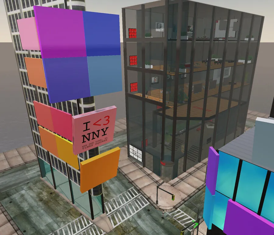 Cheil's Second Life office building in virtual New New York Times Square, with an I heart NNY sign outside