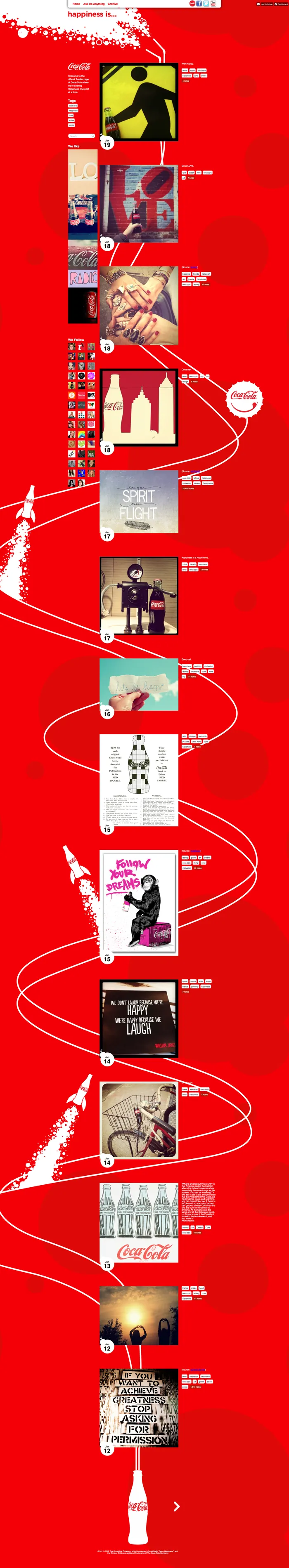The Coca-Cola Happiness Is Tumblr page, a long feed of curated and reblogged posts
