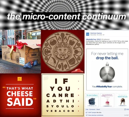 A newsletter issue headed the micro-content continuum, collecting brand posts from Amex, Skittles and others
