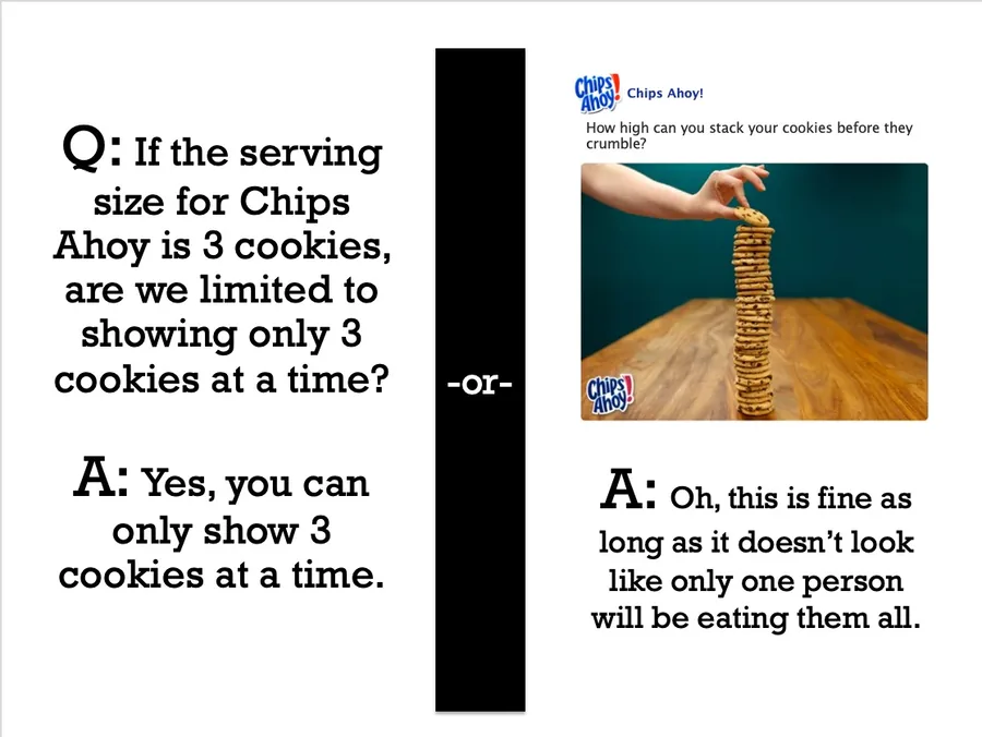 A worked example asking whether Chips Ahoy can show more than three cookies at a time, with two possible client answers