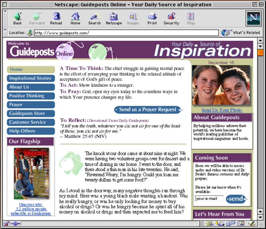 Guideposts Online open in Netscape: Your Daily Source of Inspiration, with a prayer request button and a Send Us Your Photo panel