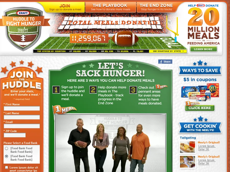 The Huddle to Fight Hunger site with a live meal counter reading 11,259,067 and a 20 million meals goal