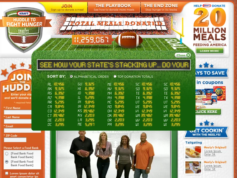 The site's state leaderboard open, showing how each state was stacking up by donation