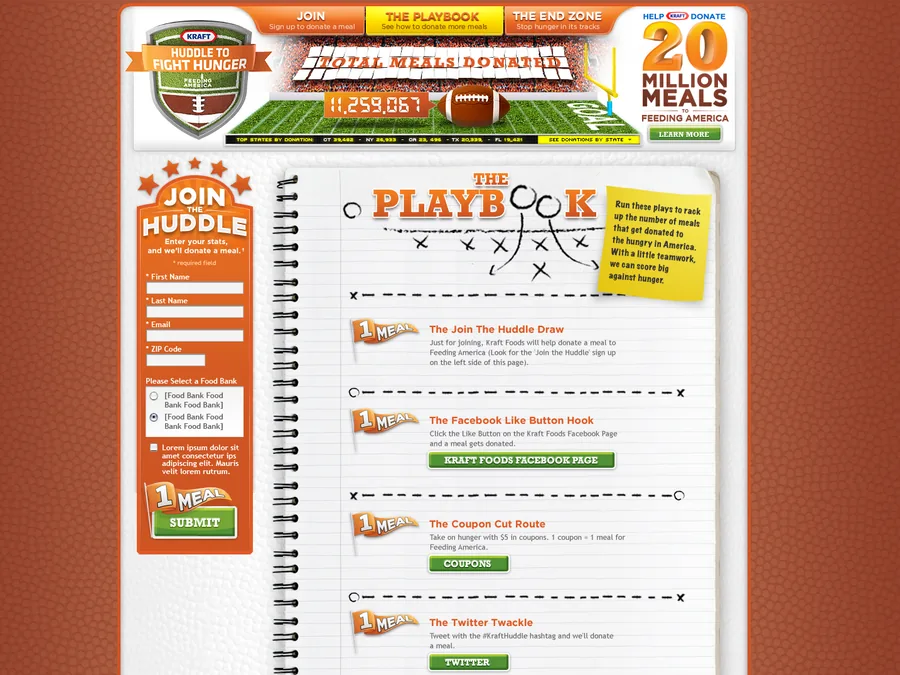 The Playbook page listing every way to donate a meal, from the Facebook like button to the mobile huddle