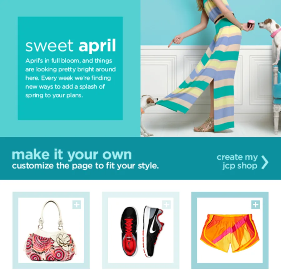 The same shop restyled for April: a sweet april hero in teal with a fresh set of curated products