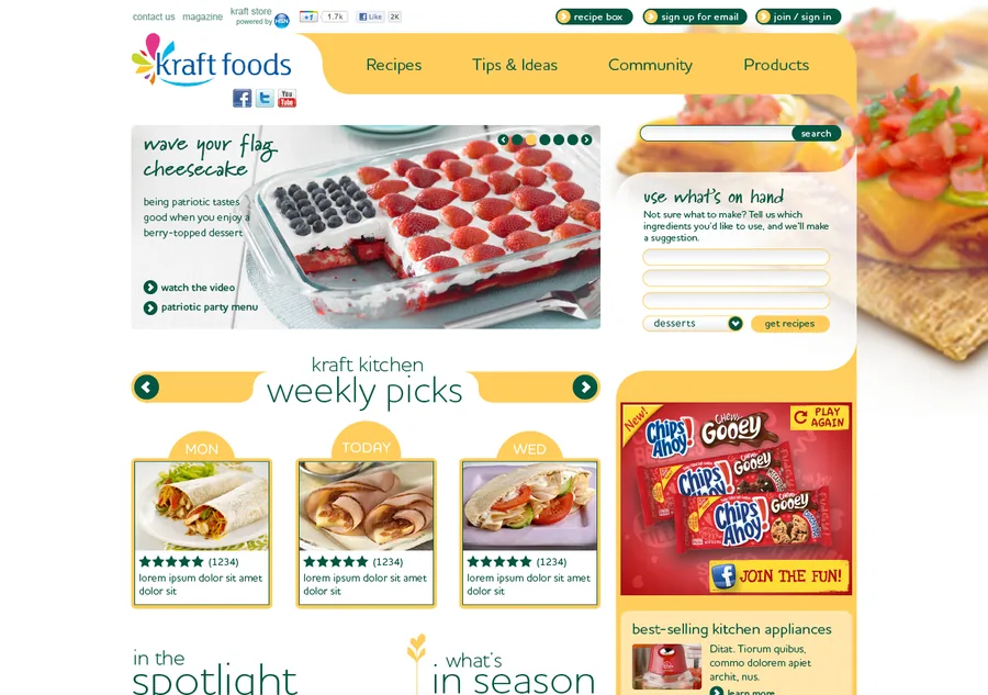 The refreshed KraftFoods.com homepage with a seasonal recipe hero and the Kraft Kitchen weekly picks