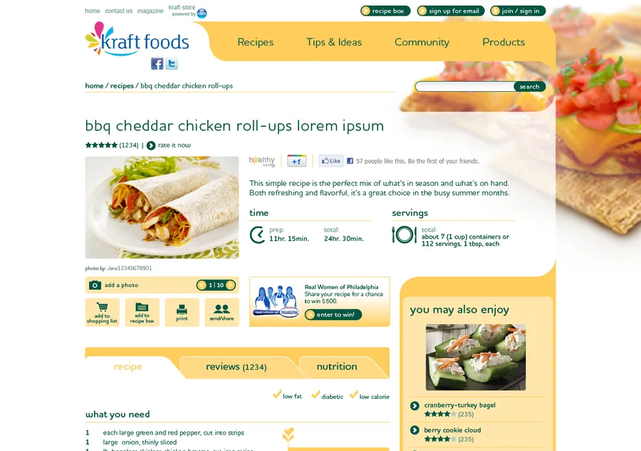 A KraftFoods.com recipe page with time, servings, ingredients and reviews
