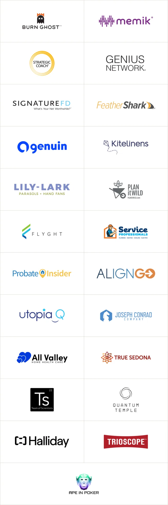 A wall of twenty-three client brand marks from the fractional years, including Burn Ghost, memik, Strategic Coach, Genius Network, SignatureFD, genuin, Kitelinens, Lily-Lark, PlanitWild, Flyght, Service Professionals, Probate Insider, AlignGo, Utopia Q, Joseph Conrad Company, All Valley Home Health Care, True Sedona, Quantum Temple, Halliday, Trioscope and Ape In Poker