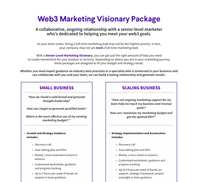 My own Web3 Marketing Visionary Package one-pager: the same offering rebuilt under my name for two tiers, small business and scaling business, with rates redacted