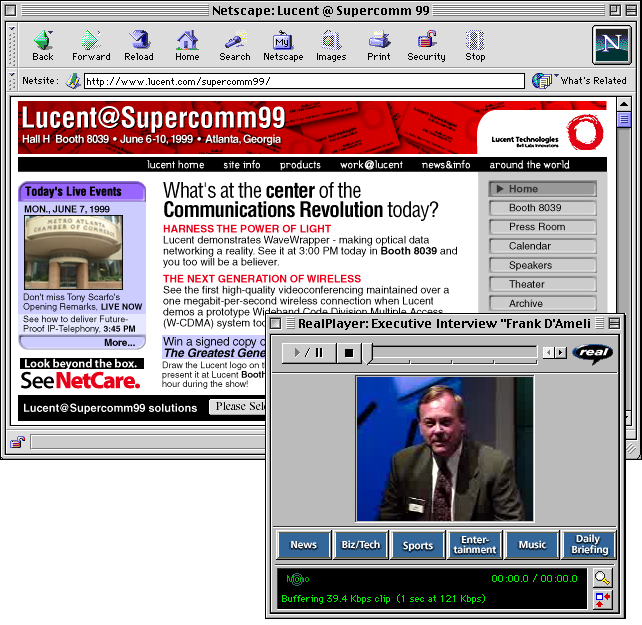 Netscape browser showing the Lucent at Supercomm 99 site with a RealPlayer webcast window playing an executive interview