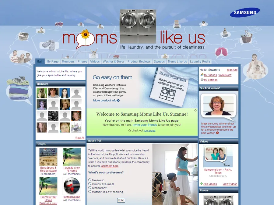 The Moms Like Us home page: life, laundry, and the pursuit of cleanliness, with member groups, an instant poll, and a Laundry-Pedia tab