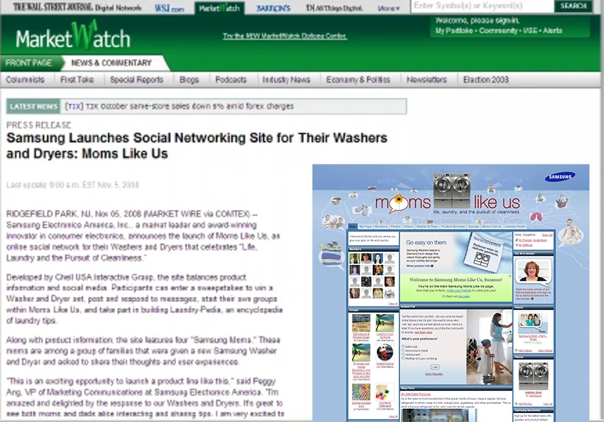 A MarketWatch press release headlined Samsung Launches Social Networking Site for Their Washers and Dryers: Moms Like Us, with a screenshot of the site alongside
