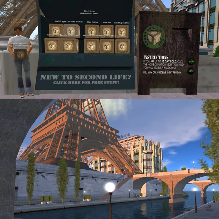 The Paris New York welcome area for new residents: a free stuff stand, instructions board and riverside