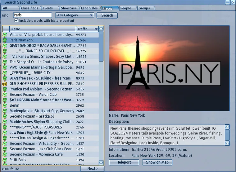 Second Life search results listing Paris New York first with 21,344 traffic