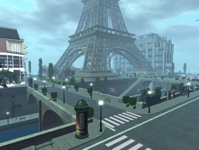 The Paris New York sim in Second Life: a Parisian street with the Eiffel Tower behind it