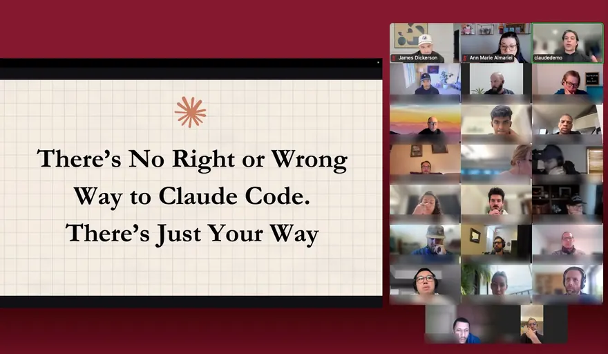 A Vibe Marketer live mentor session on Zoom, a full grid of members with a slide reading There is no right or wrong way to Claude Code