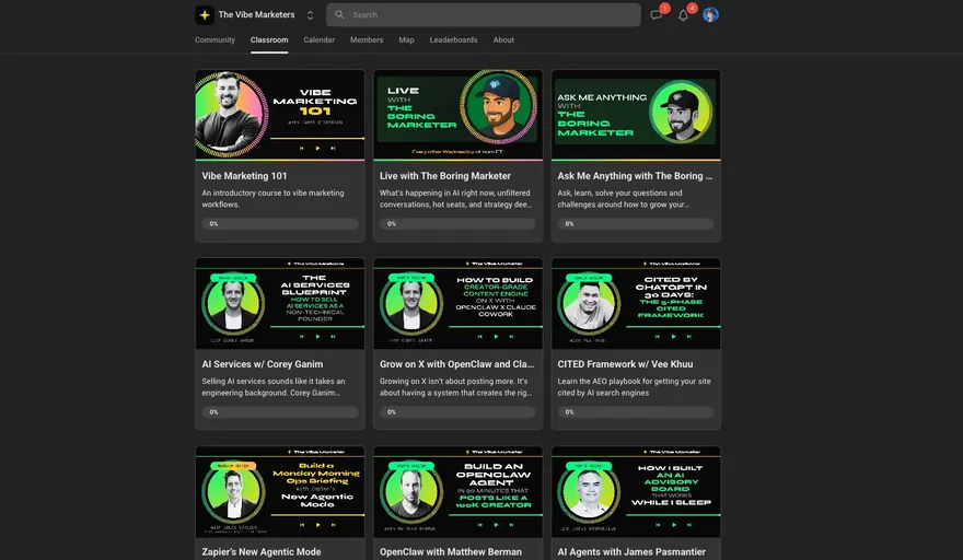 The classroom grid: Vibe Marketing 101, Live with The Boring Marketer, AI Services, OpenClaw and more