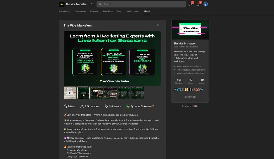 The About page: learn from AI marketing experts with live mentor sessions, 2.6k members