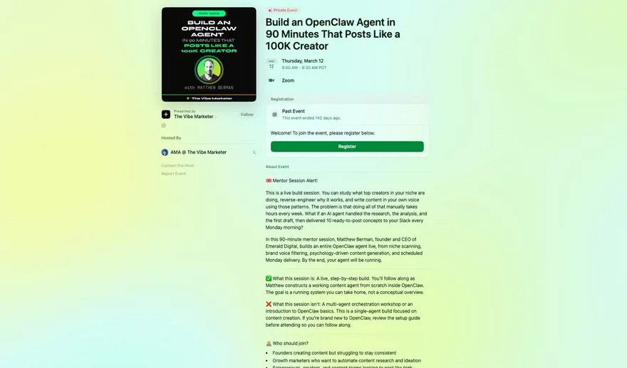 A Luma event page for a 90-minute OpenClaw agent mentor session hosted by AMA at The Vibe Marketer