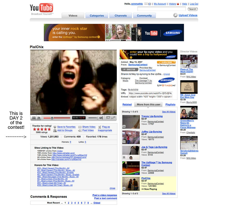 PixlChix UpStage contest video on 2007 YouTube with over 1.25 million views on day two