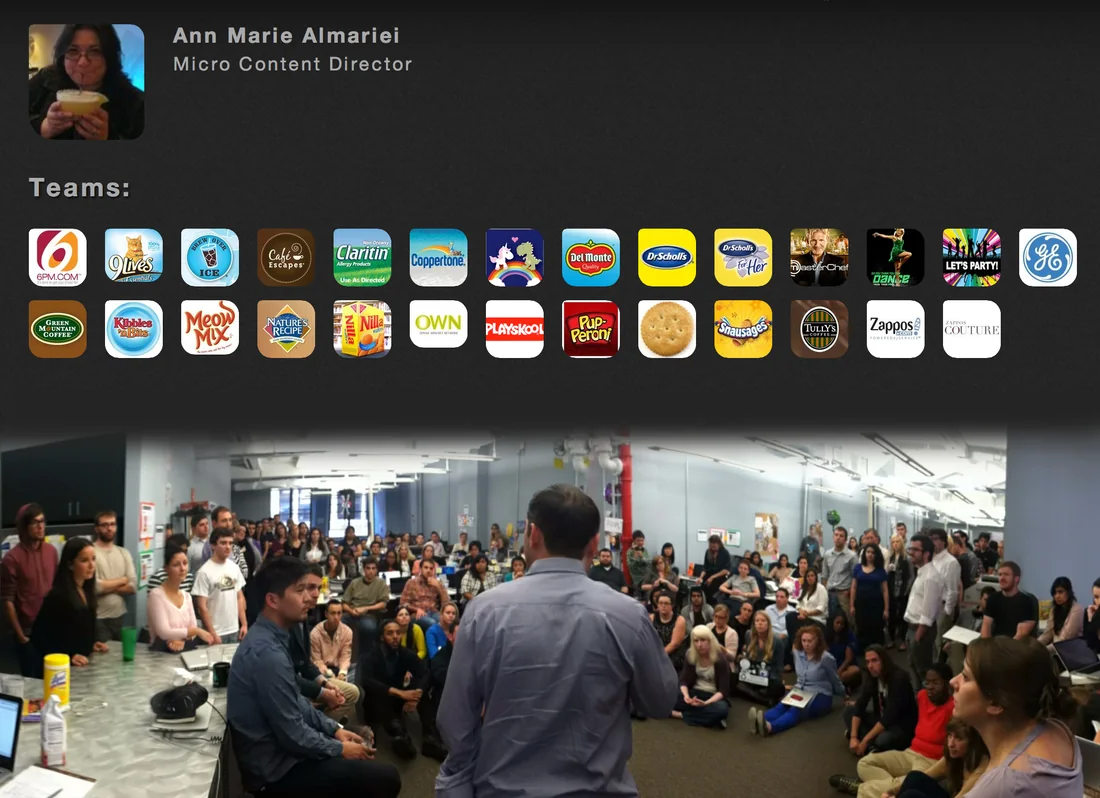 My VaynerNet profile — Ann Marie Almariei, Micro Content Director — above the Teams list of brand icons, with an all-hands photo from when VaynerMedia was still small