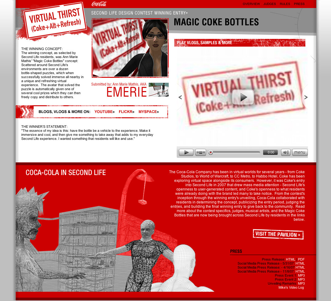 Coca-Cola's Virtual Thirst winner page announcing the Magic Coke Bottles concept by Ann Marie Mathis, AKA Emerie