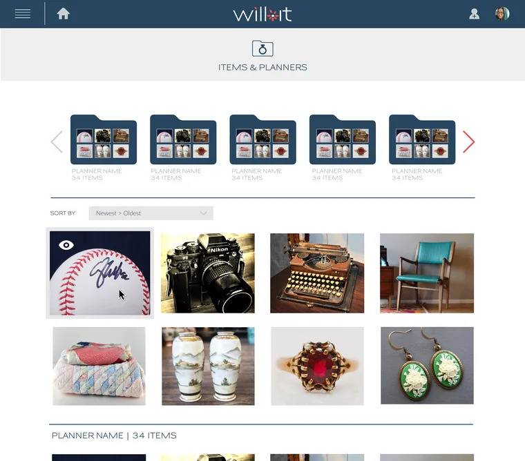 The will-it product: the items and planners screen, a grid of catalogued belongings including a signed baseball, a camera, a typewriter and cameo earrings