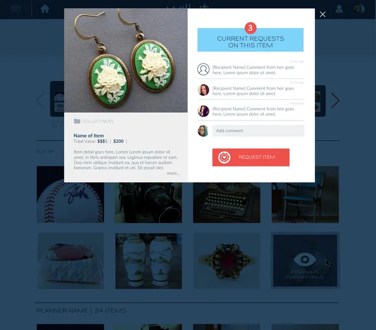 The will-it product: an heir opens an item and sees the current requests on it, with a request item button