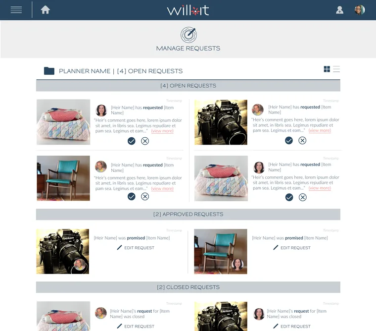The will-it product: the manage requests screen showing open, approved and closed requests for a planner