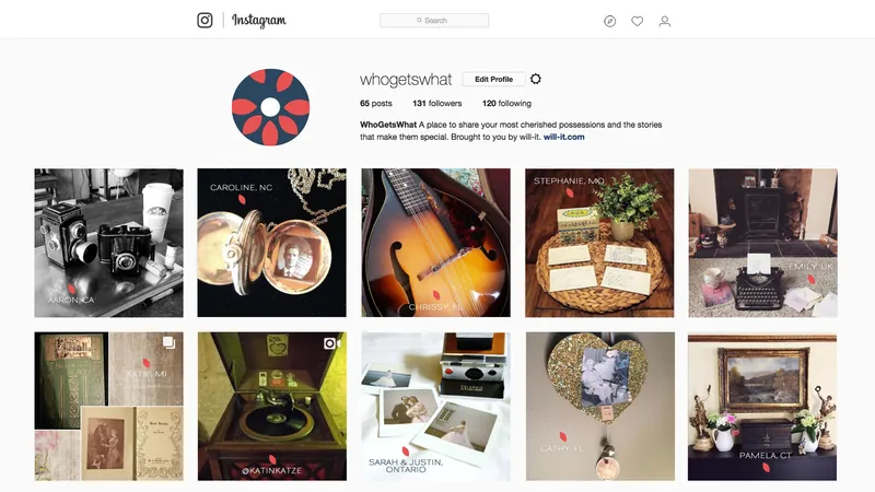The WhoGetsWhat Instagram grid: photographs of heirloom objects, each posted with the story behind it