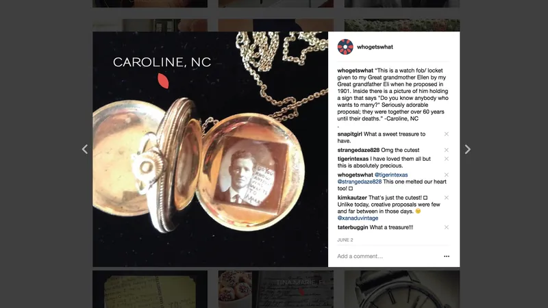A WhoGetsWhat post: an open locket photographed in Caroline, North Carolina, with its story in the caption