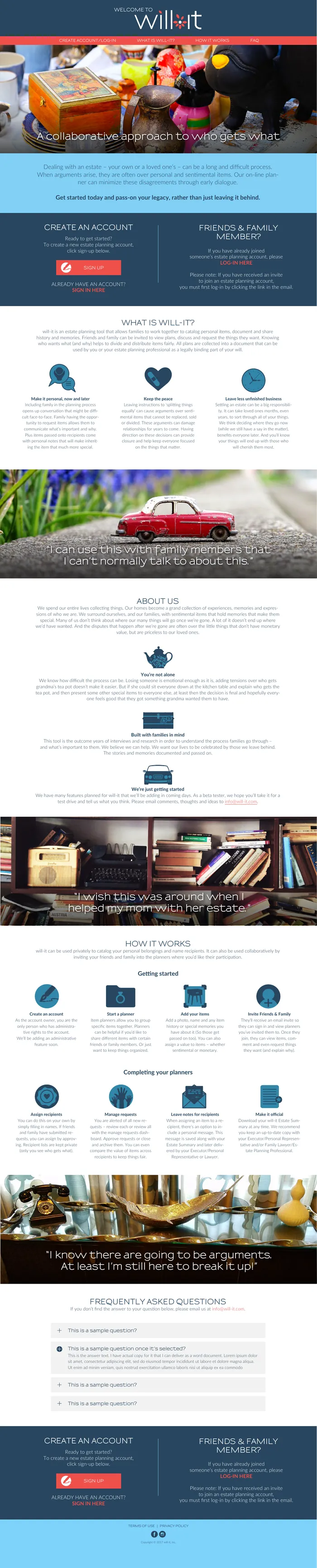 The will-it.com marketing site in full, from the hero reading a collaborative approach to who gets what, through what will-it is, about us, how it works and the FAQ